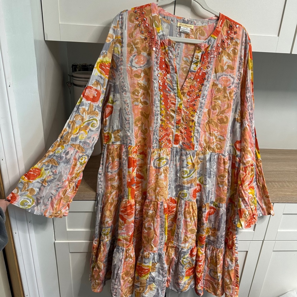 Sweet Magnolia Tiered Mirror Sundress US XL Floral Patchwork Long Sleeve Boho